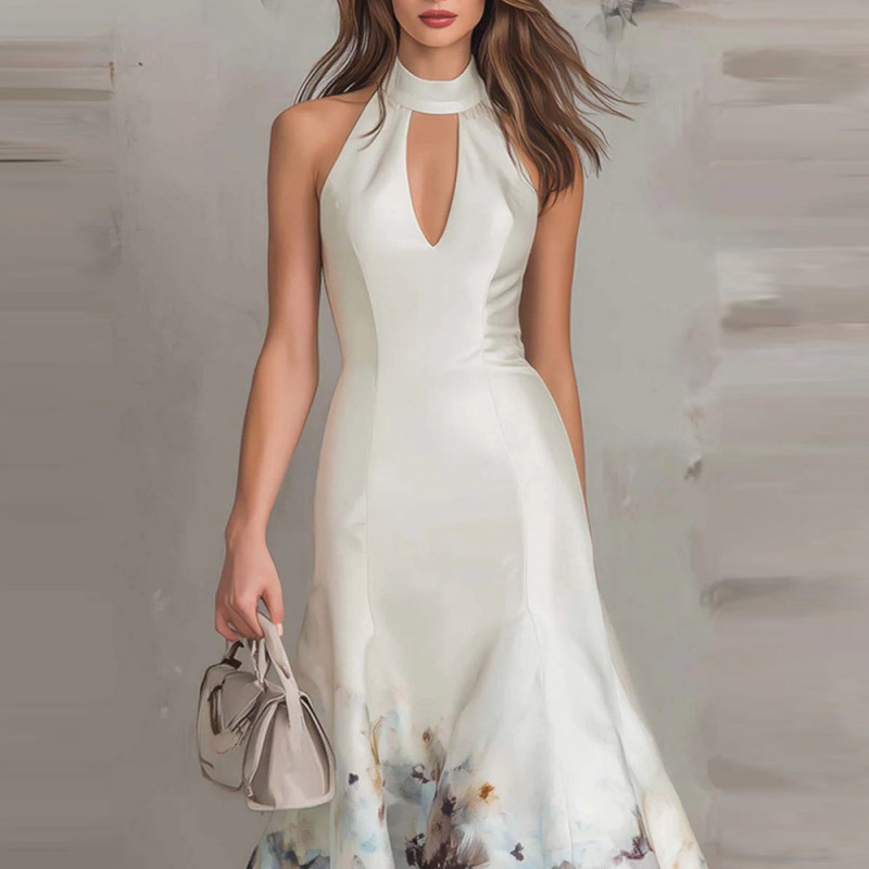 Elegant V-Neck Sleeveless Floral Print A-Line Midi Dress