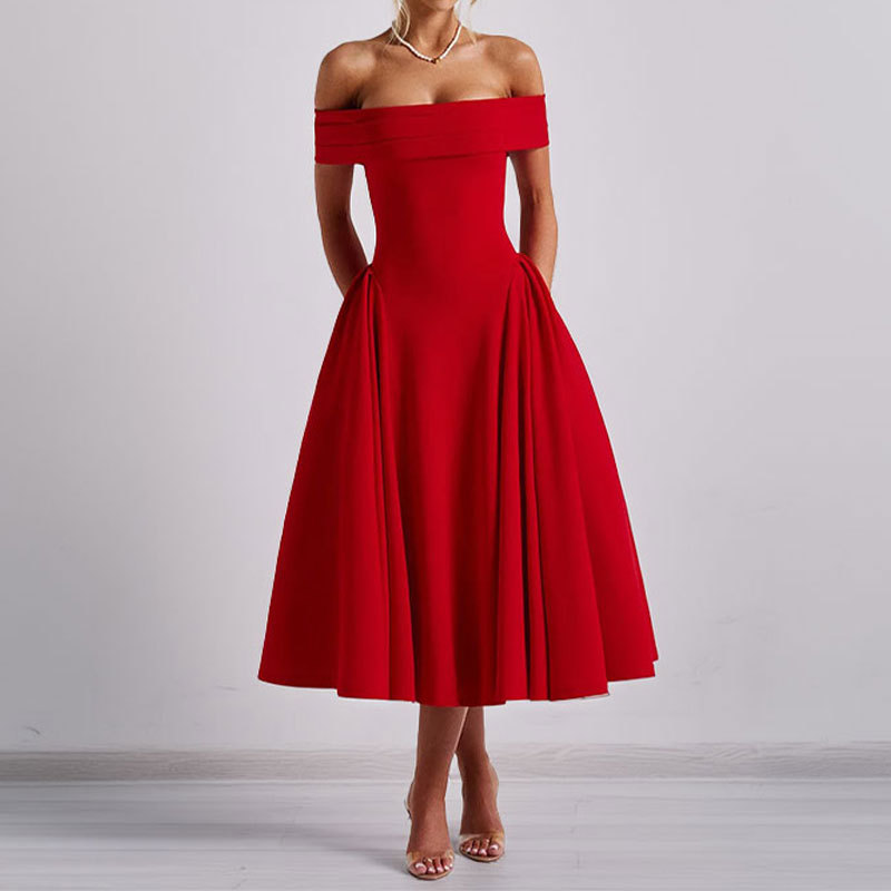 Women's Off-Shoulder Long Evening Dress with Waist-Cinching