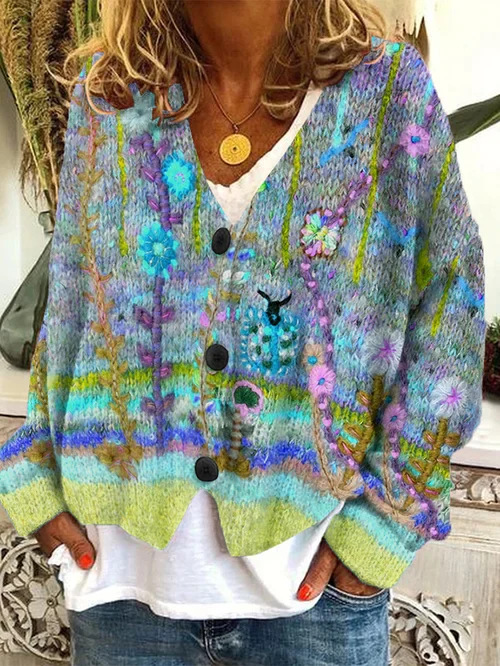 3D Print Open-Front Cardigan Soft Knit Sweater Coat