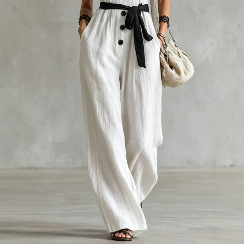 Colorblock Lace Trim V-Neck Tie-Waist Wide-Leg Jumpsuit