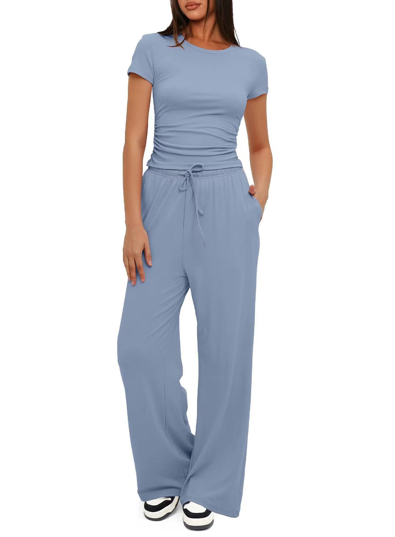 Solid Ruched Short Sleeve Top and High Waist Wide Leg Pants Set