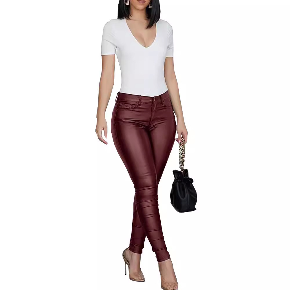 Women's Solid Color PU Leather Skinny Pants Slim Fit Mid-Rise Long Trousers