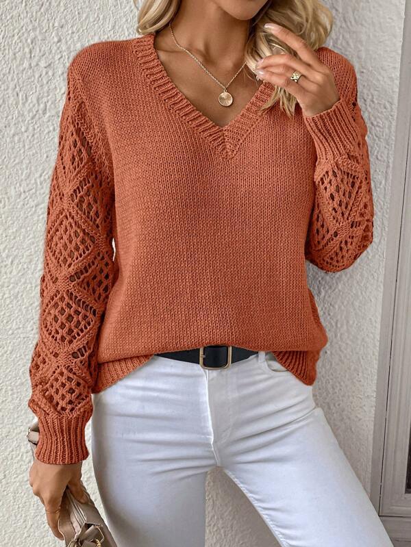 Women's Openwork Knit Sweater V-Neck Long Sleeve Pullover