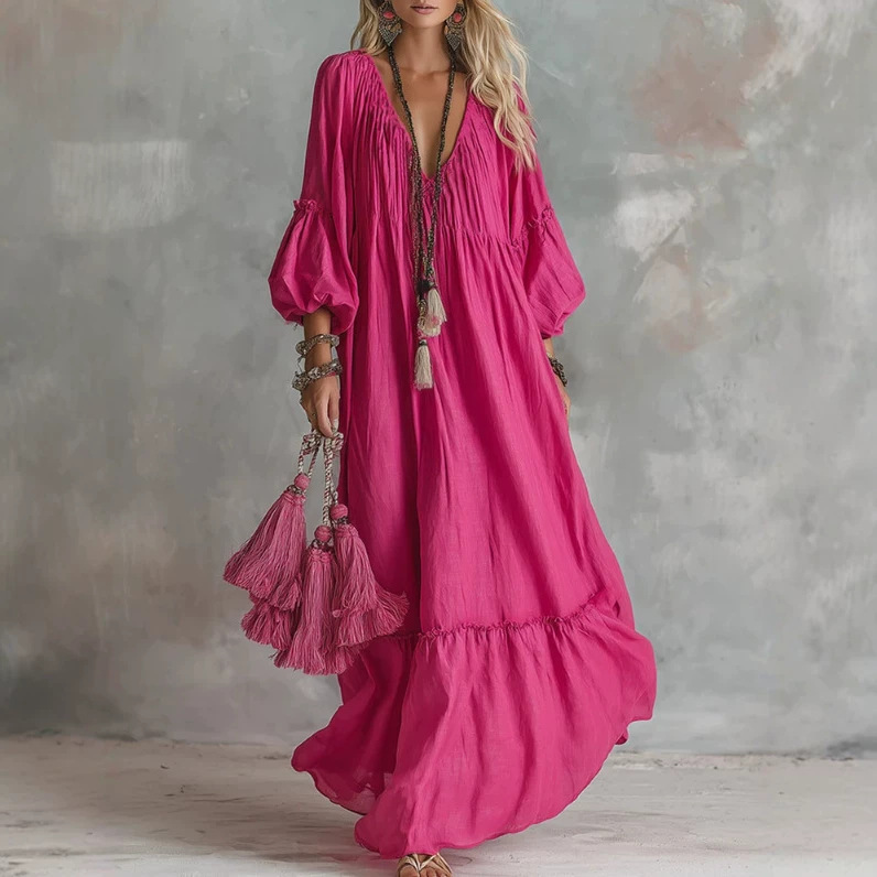 Boho V-Neck Rose Red Maxi Dress with Lantern Sleeves