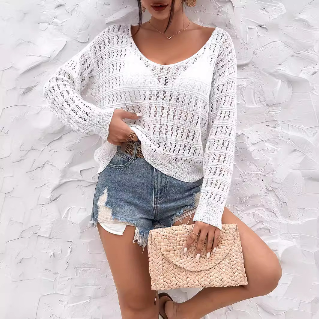 Women's Crochet Hollow-Out Off-Shoulder Long-Sleeve Knit Top