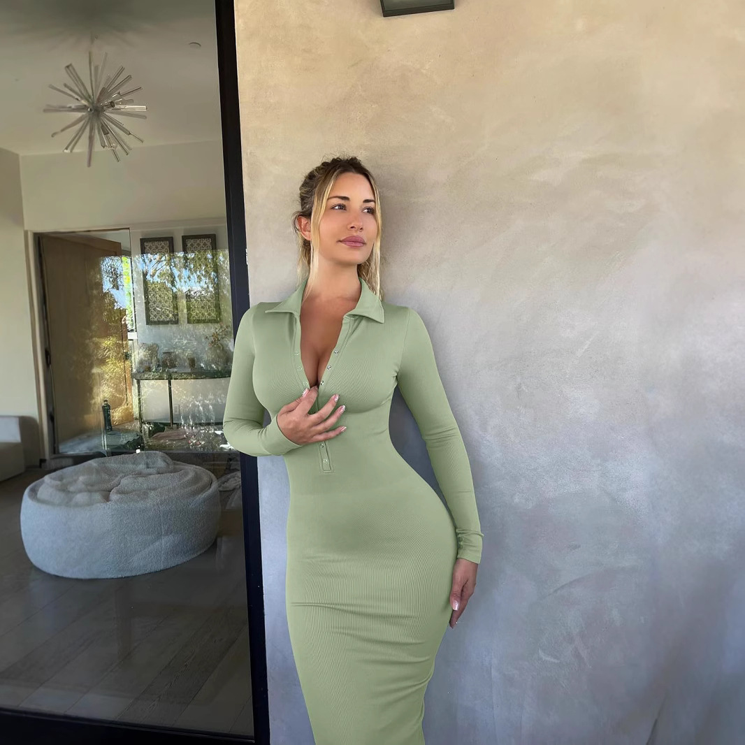 Sexy Ribbed Knit Bodycon Dress with Button Lapel Collar