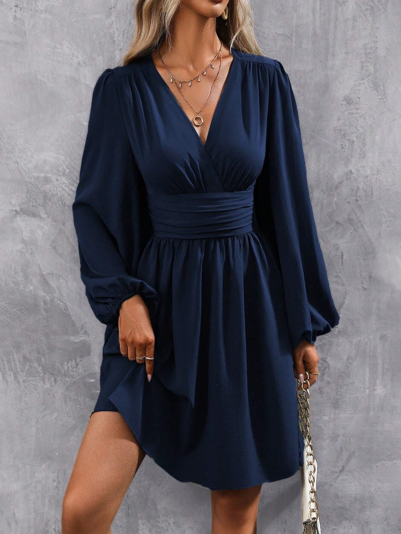 Asymmetric Collar Lantern Sleeve Ruched Waist A-Line Dress