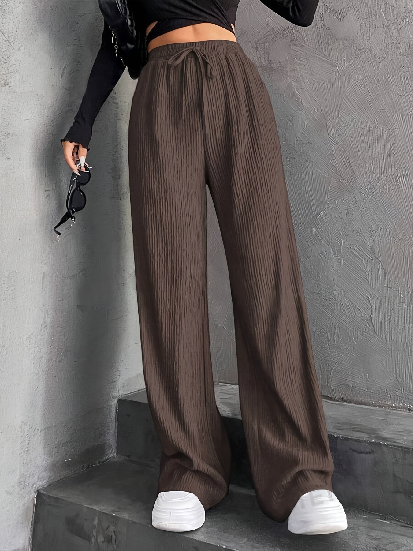 Women's Solid Wide-Leg Pants Elastic High Waist Drawstring Straight Casual