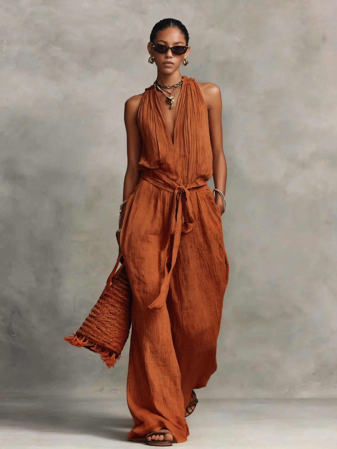 Women's Sleeveless Tie-Front Cotton-Blend Jumpsuit Casual Vacation