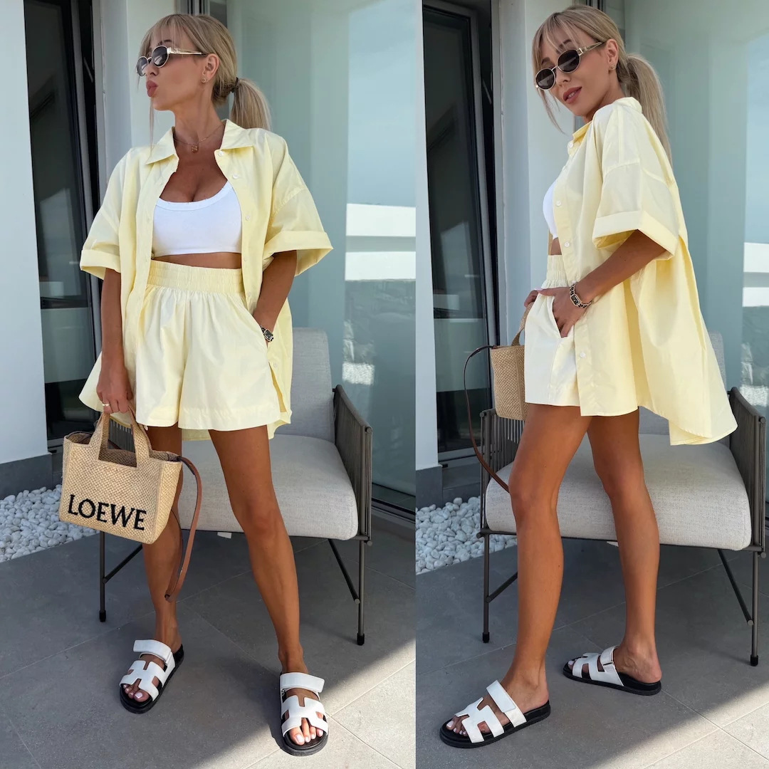 Women's Casual Two-Piece Set Solid Short-Sleeve Shirt & Elastic Waist Shorts