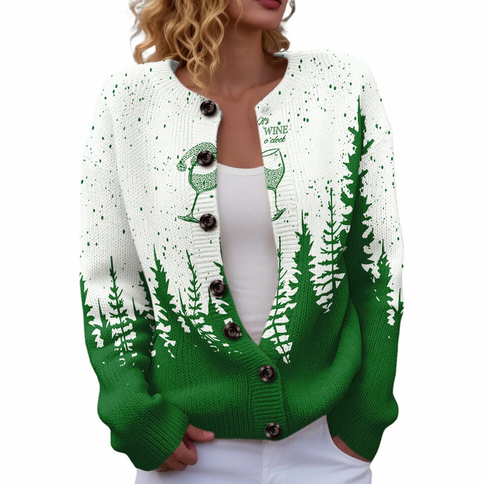 Women's Christmas Reindeer Forest Print Button Cardigan Sweater