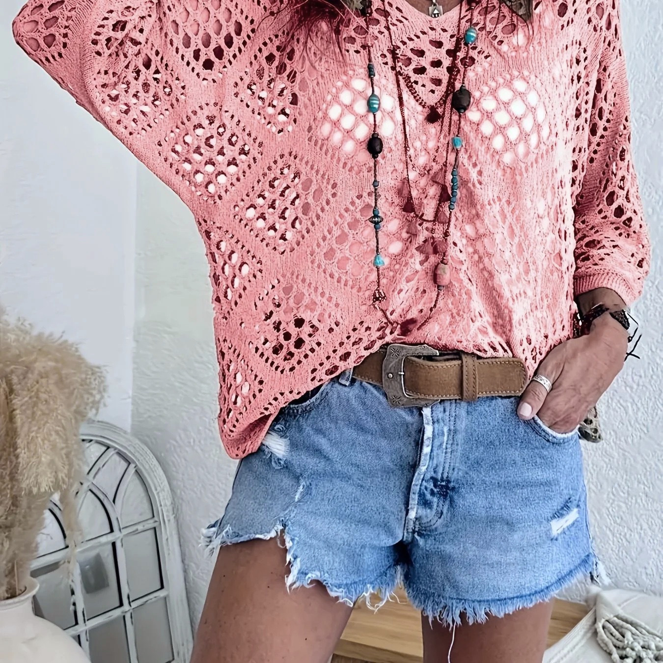 V-Neck Diamond Openwork Batwing Sleeve Knit Sweater Top
