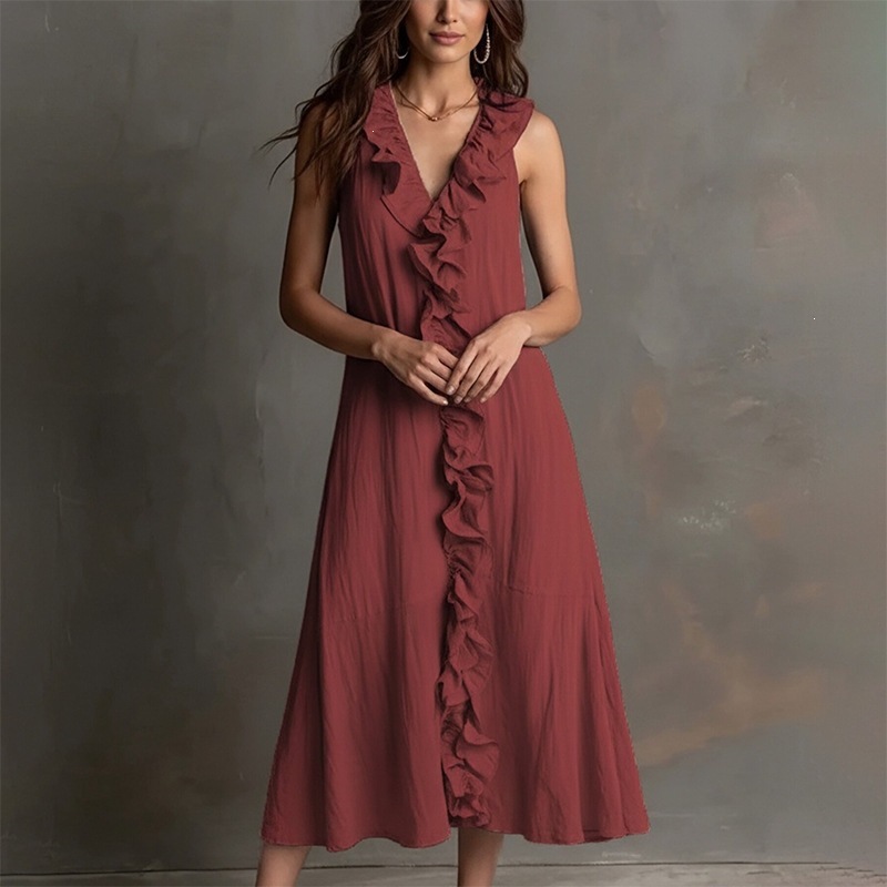 Beach Vacation Dress Women's Summer V-Neck Ruffle Maxi Dress
