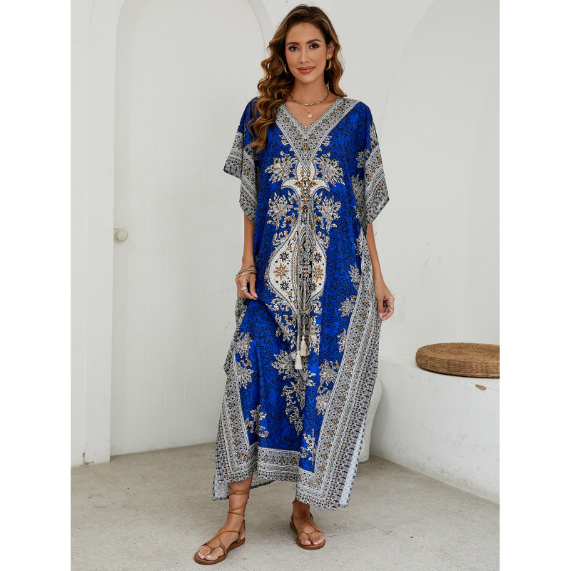 Boho Beach Cover-Up Dress Loose Printed V-Neck Long Sun Protection