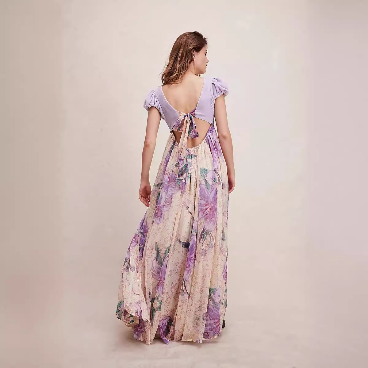 Women's Short Sleeve V-Neck Patchwork Tie-Waist Maxi Dress