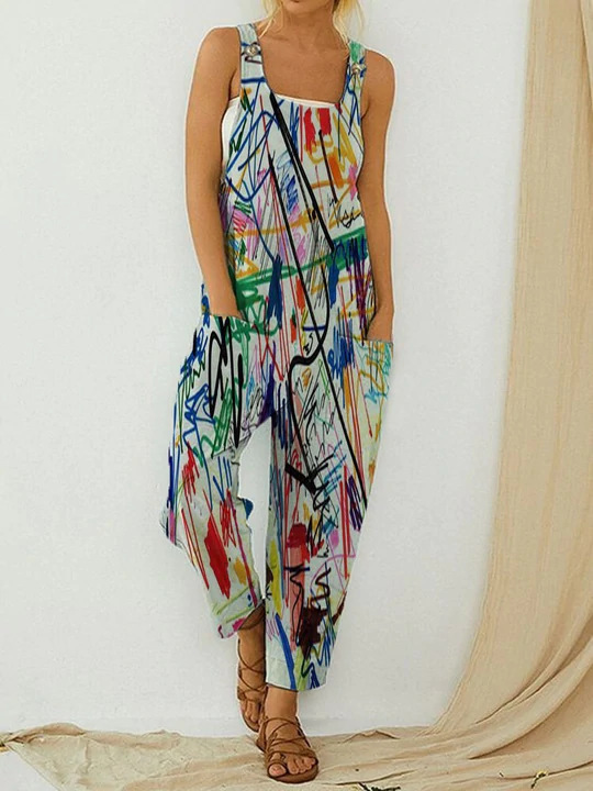 Women's Vintage Abstract Print Overall Jumpsuit