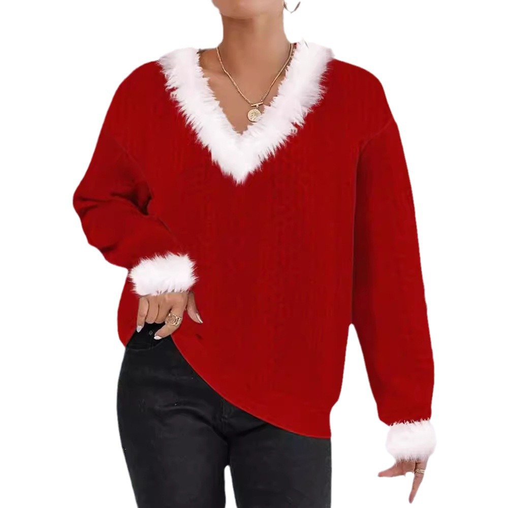 Women's Loose V-Neck Long Sleeve Cable Knit Sweater Solid Color Pullover