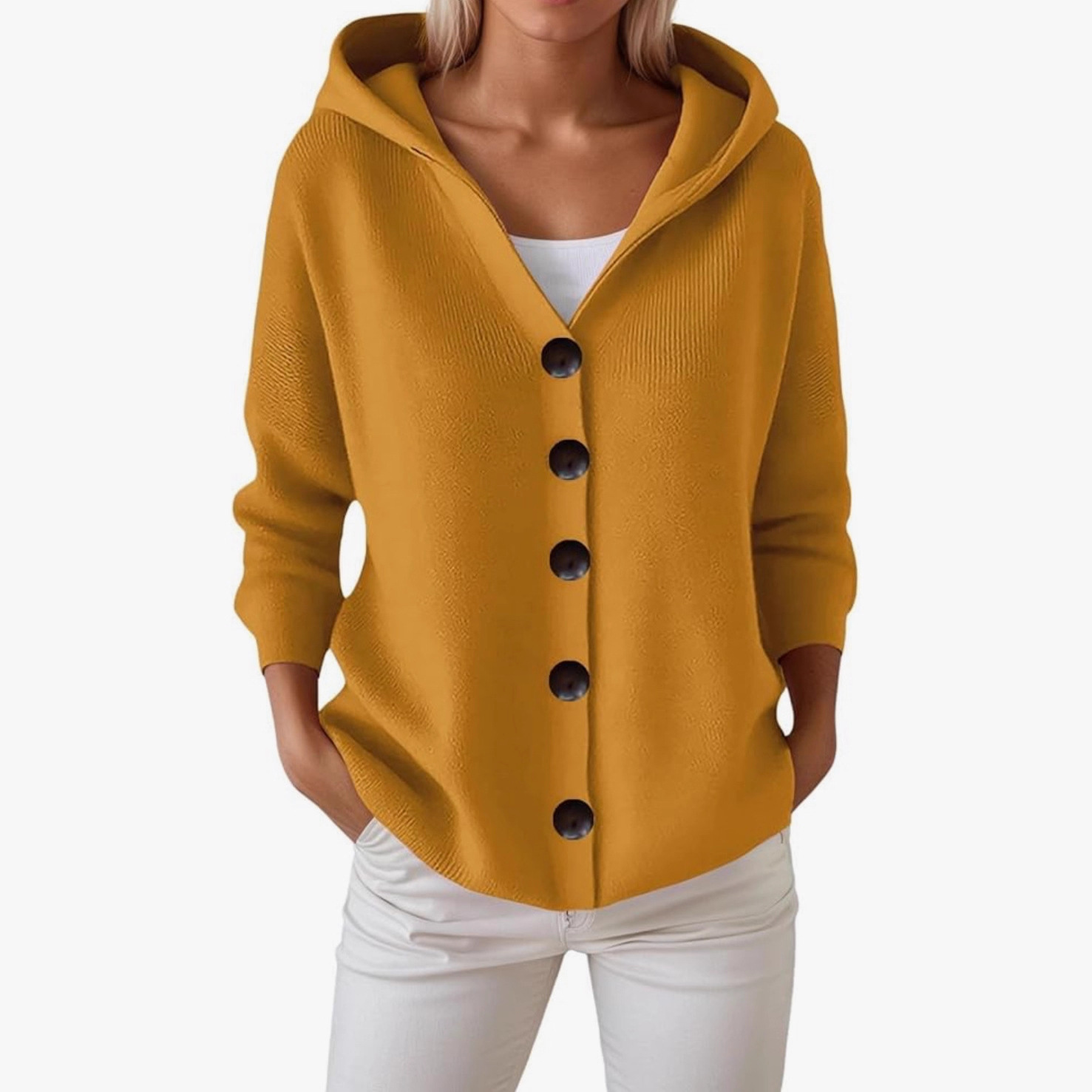 Button-Up Hooded Knit Cardigan Sweater, Solid Color Casual Women's Outerwear
