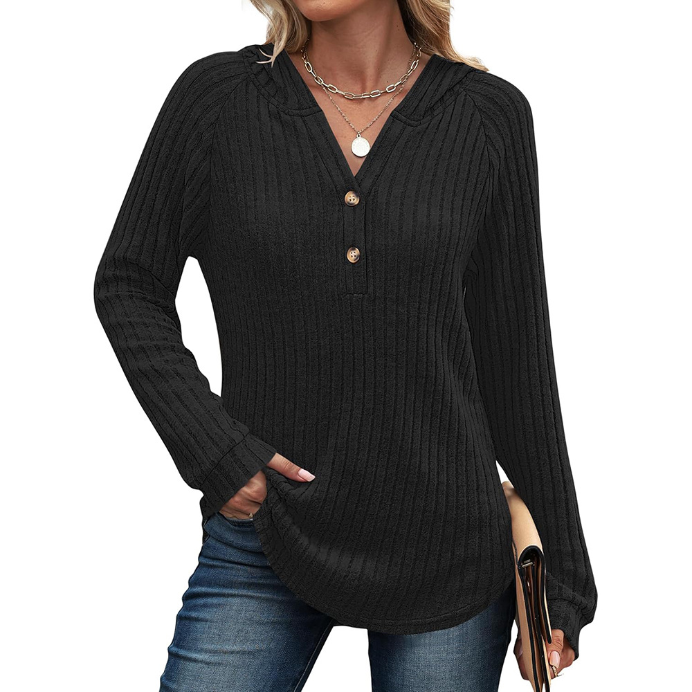 Solid V-Neck Button Loose Hooded Fleece Knit Top