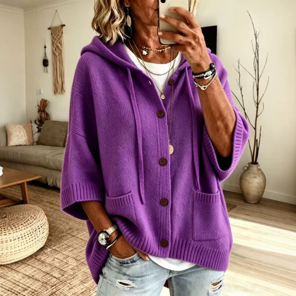 Button-Up Hooded Knit Cardigan Sweater Solid Color Casual Women's Coat