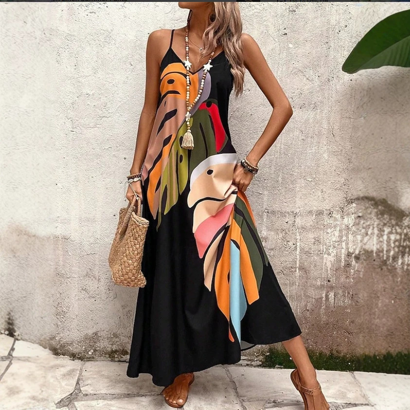Women's Loose Beach Cover-Up Printed Cami Maxi Dress
