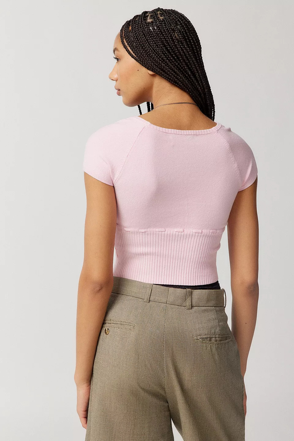 Square Neck Short Sleeve Tie-Front Cropped Knit Top