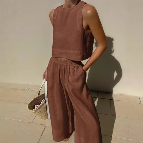 Women's Sleeveless Cotton-Linen Wide-Leg Pants and Tank Set