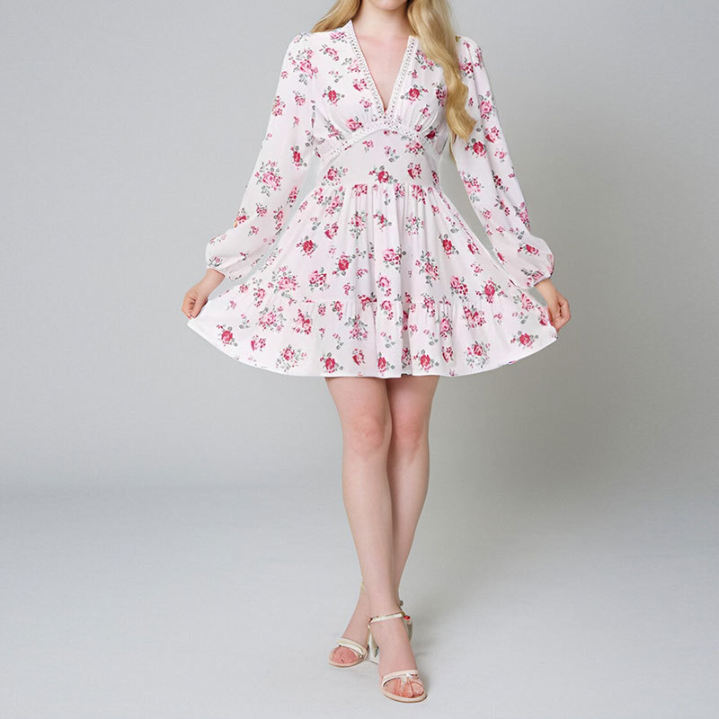 Elegant V-Neck Floral Bubble Sleeve Waist-Cinched Short Dress