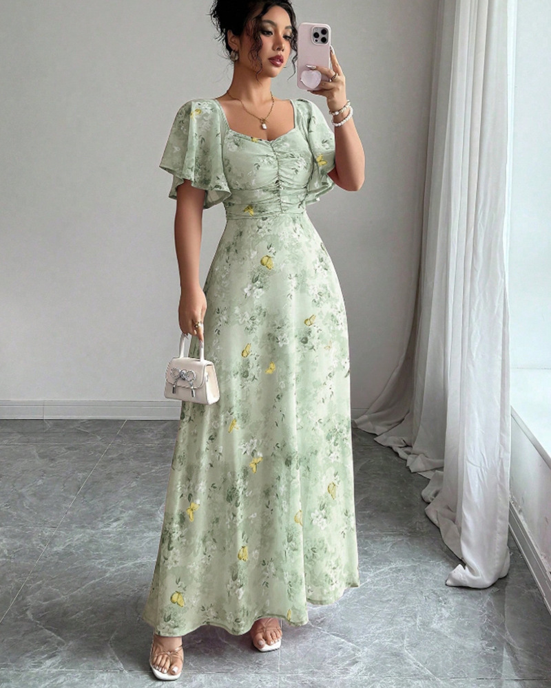 Floral Butterfly Print Ruffle Sleeve Slim Fit Midi Dress with Lining