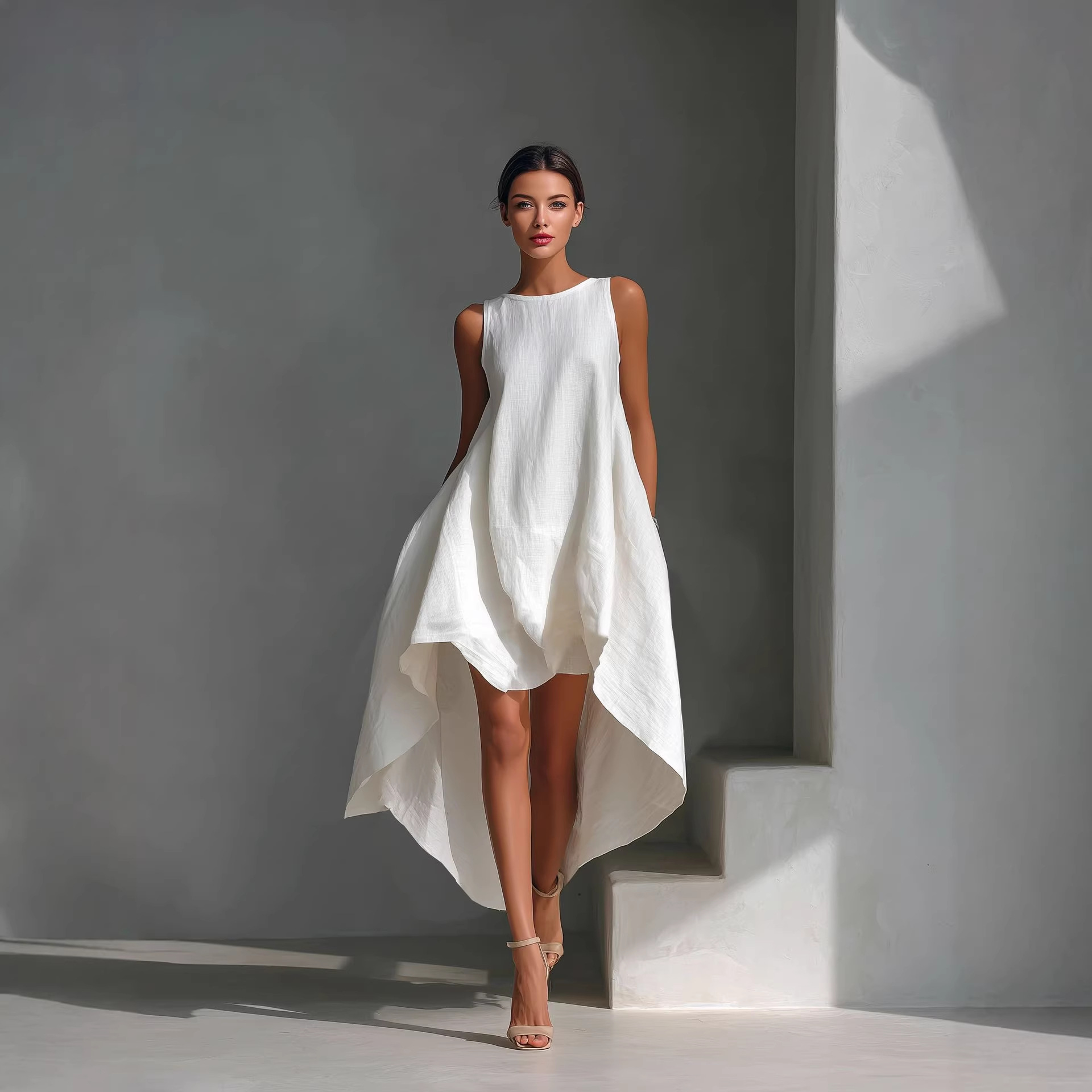 Cotton-Linen Sleeveless High-Low Midi Dress