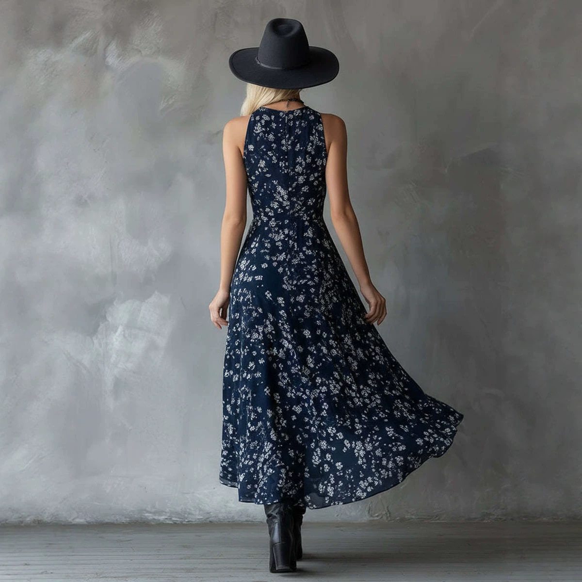 Women's Halter Floral Midi Dress V-Neck Waist-Cinching A-Line Vacation