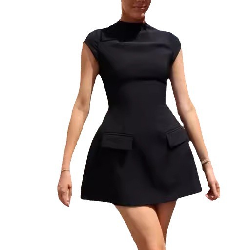 Women's Solid Crewneck Pocket Cinched Waist Slim Fit Dress