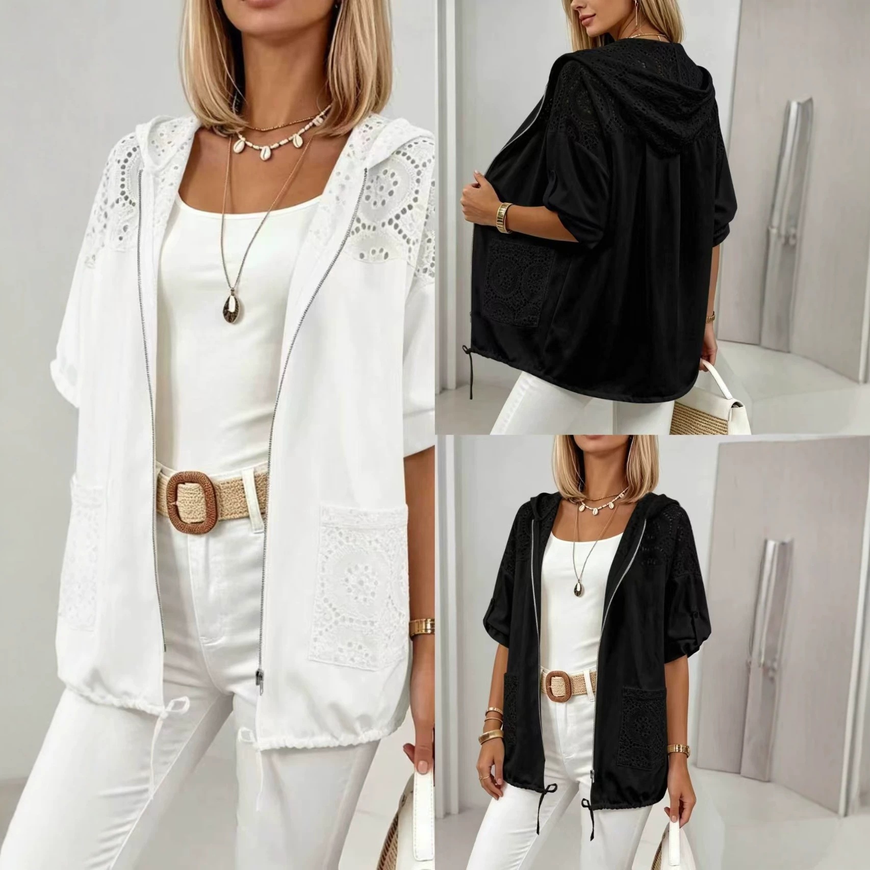White Lace Crochet Hooded Zip-Up Sun Protection Top with Pockets and Drawstring