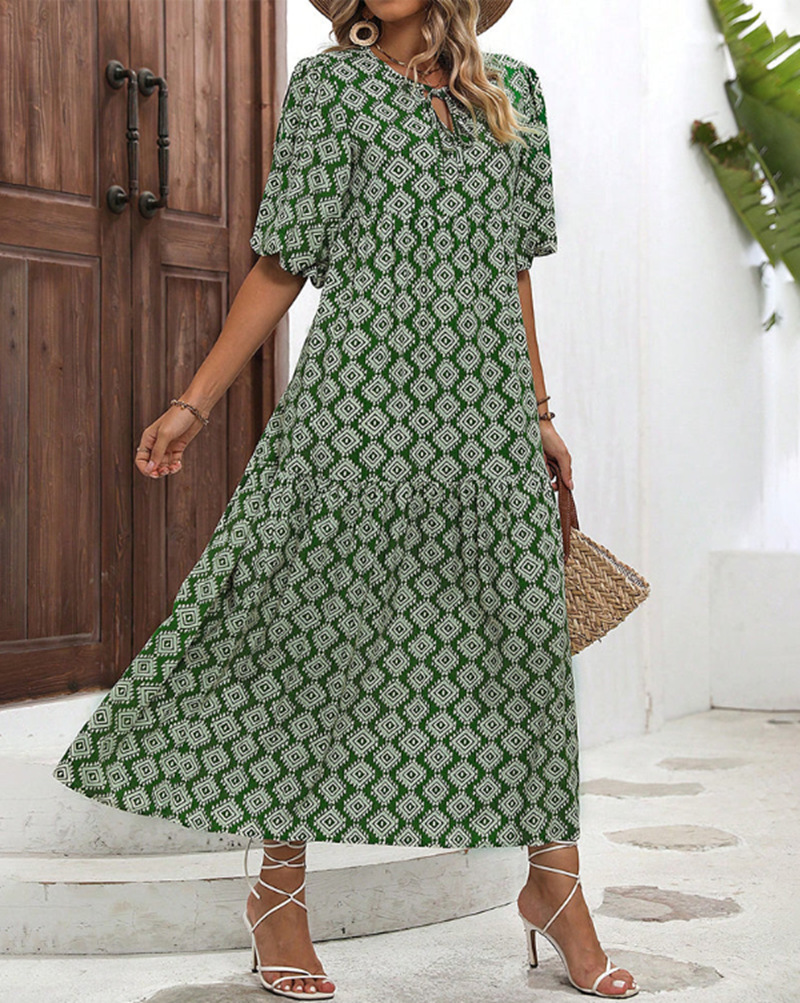 Floral Print Loose-Fit Maxi Dress with Short Sleeves and High Waist