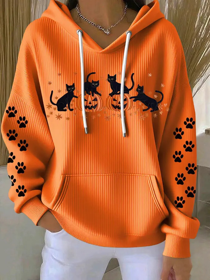 Women's Halloween Cat Pumpkin Paw Print Hoodie
