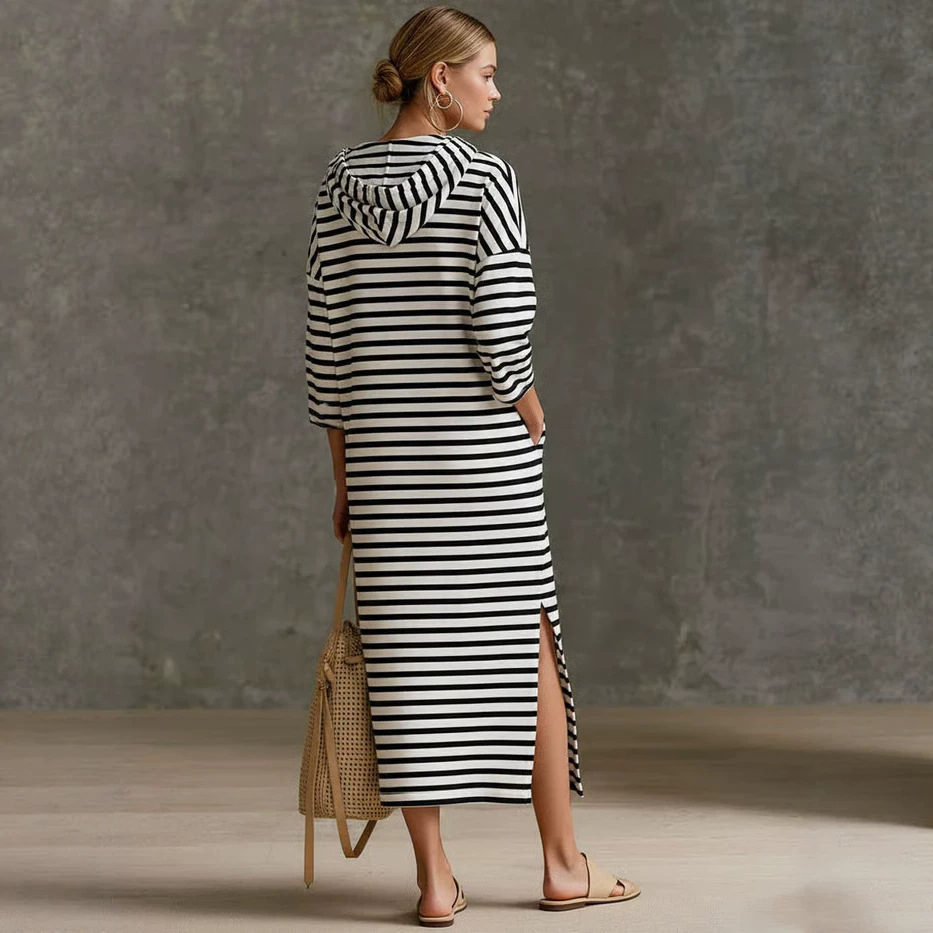 Striped Hooded Midi Dress Casual Sporty Long Sleeve