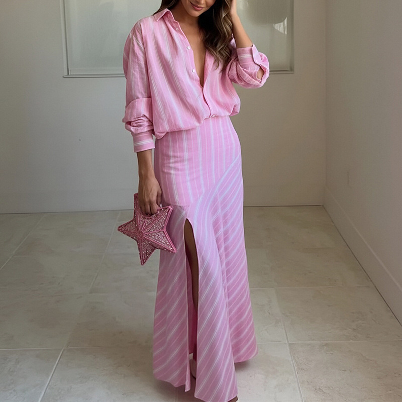 Striped Lapel Collar Slit Long Skirt Two-Piece Set