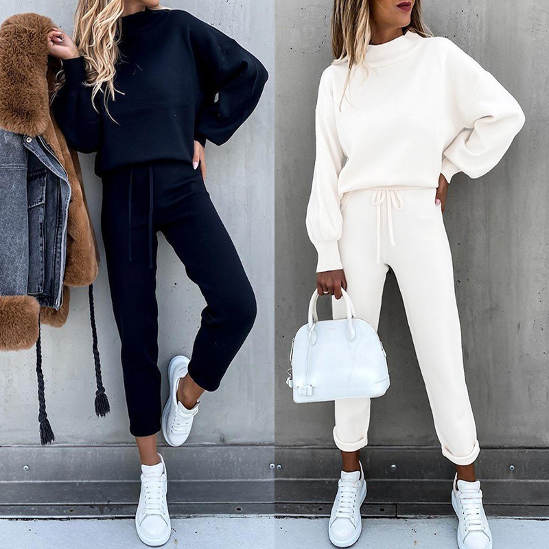 Women's Turtleneck Sweatsuit Set Solid Color Long Pants with Pockets
