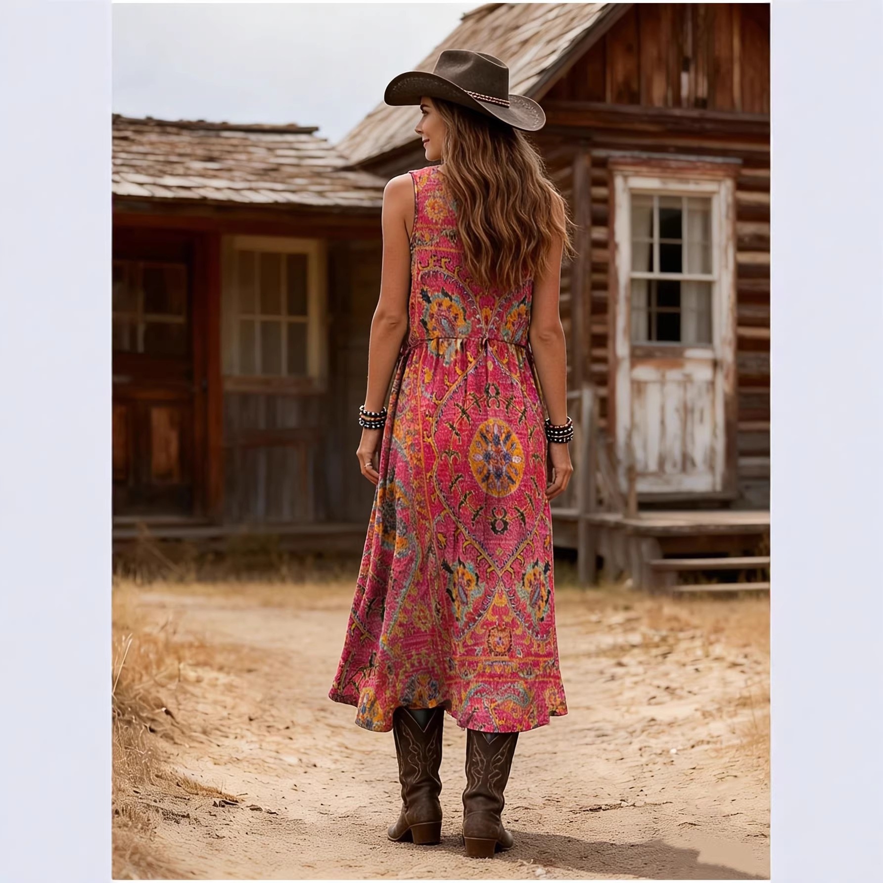 Boho Print V-Neck Sleeveless Maxi Dress