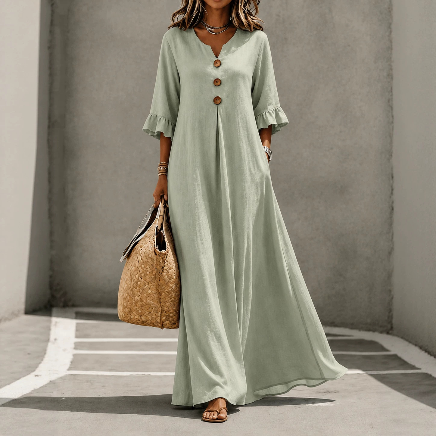 Women's Solid V-Neck Wood Button Ruffle Sleeve Pocket Dress