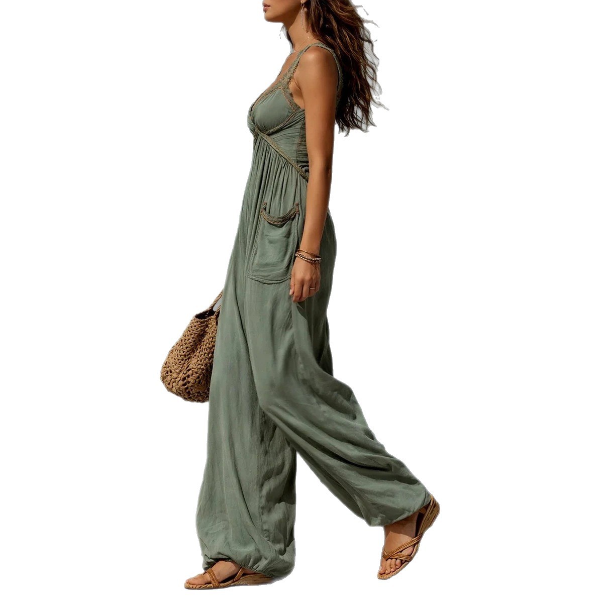 Women's Solid Color Sleeveless Wide-Leg Jumpsuit