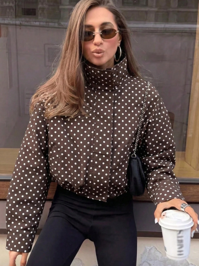 Polka Dot Long Sleeve Loose Fit Zip Jacket with Pockets