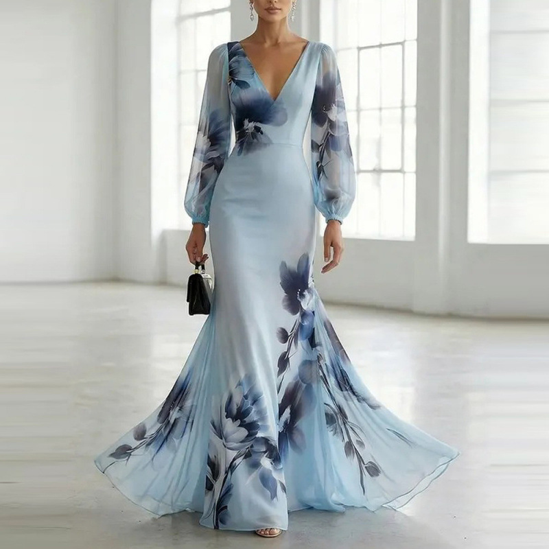 Blue Floral Print Long Sleeve V-Neck Bodycon Maxi Dress