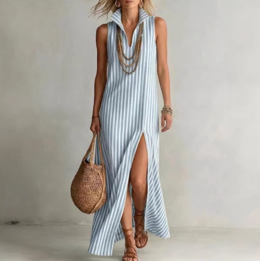 Striped Stand Collar Sleeveless Slit Cotton Linen Maxi Dress