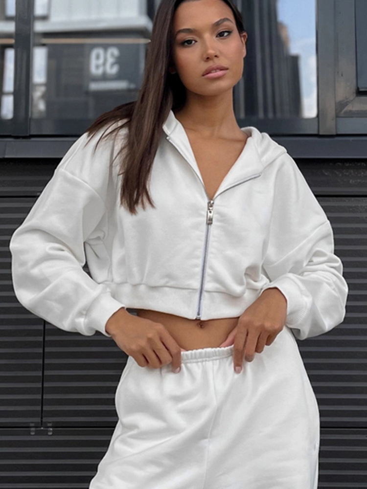 Women's Solid Color Long-Sleeve Zip-Up Hoodie and Shorts Two-Piece Set