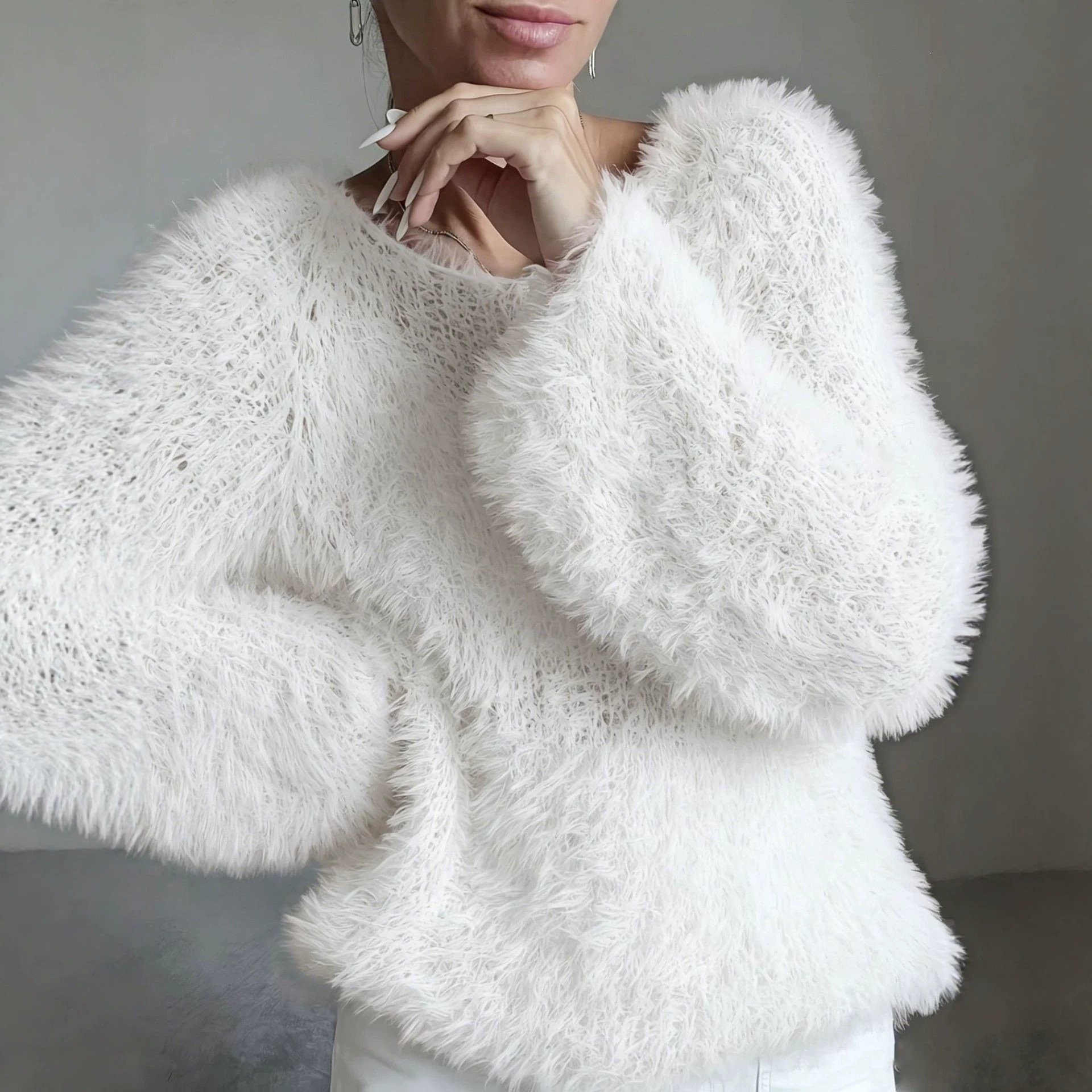 Macaron Color Crewneck Fluffy Long-Sleeve Top