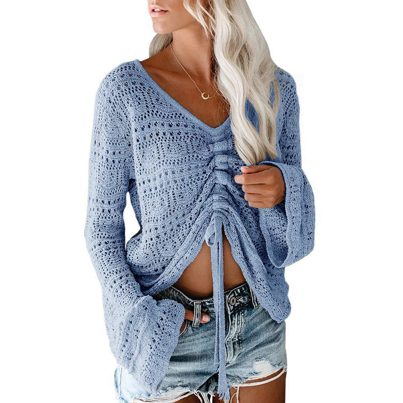Women's V-Neck Hollow-Out Bell Sleeve Drawstring Crop Knit Sweater