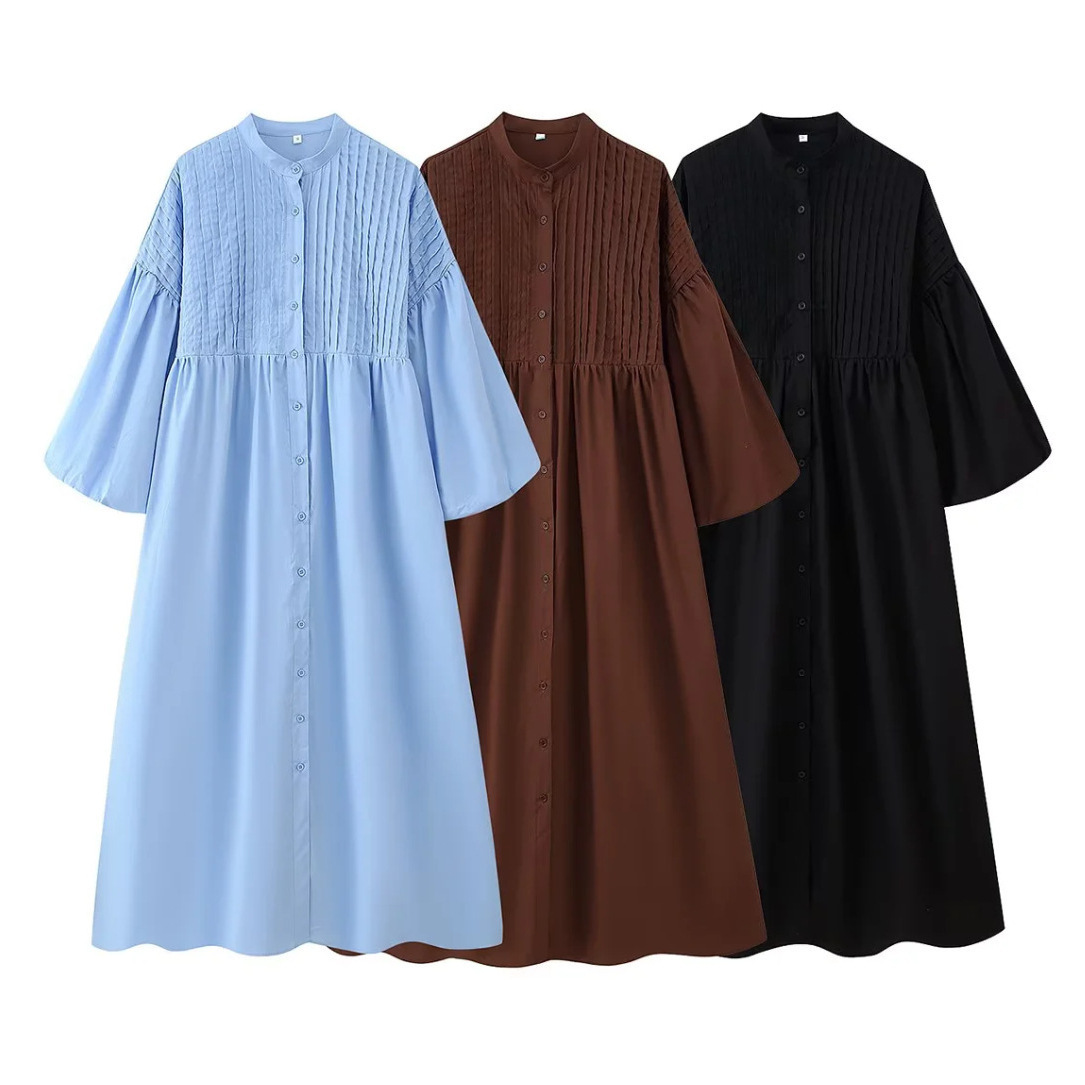 Women's Three-Color Round-Neck Button-Front Puff-Sleeve Textured Dress