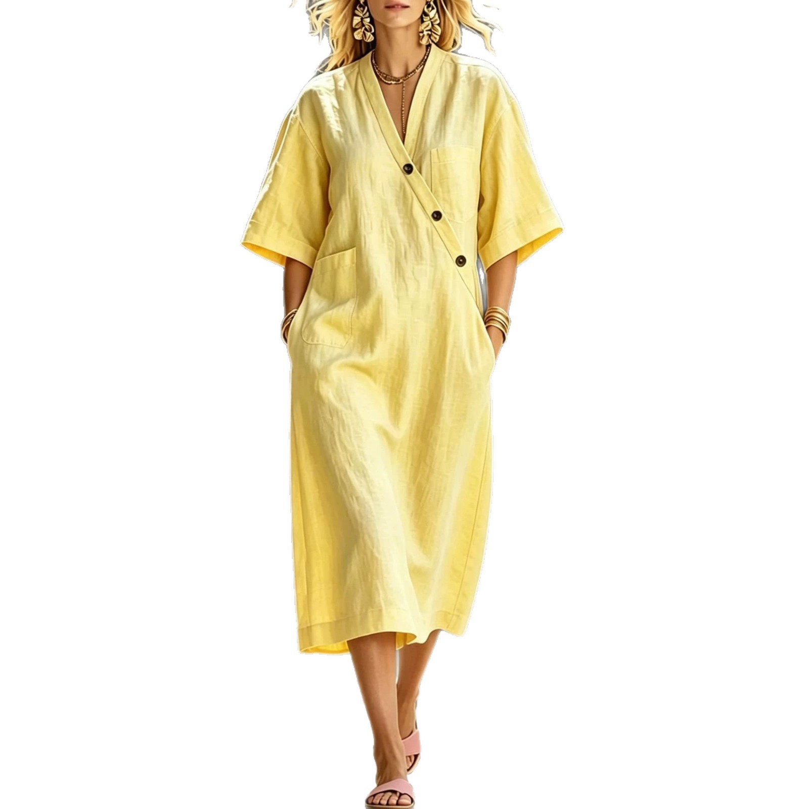 V-Neck Button-Front Cotton-Linen Midi Dress with Pockets Short Sleeve