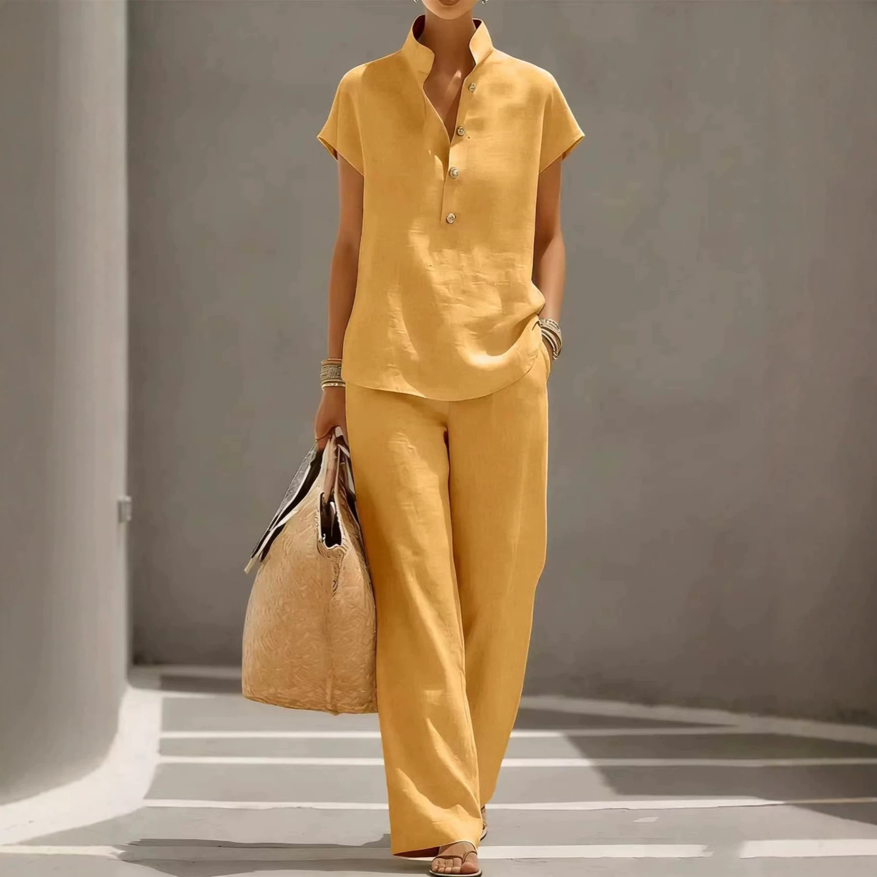 Women's Casual Linen-Blend Open-Front Shirt & Pants Set